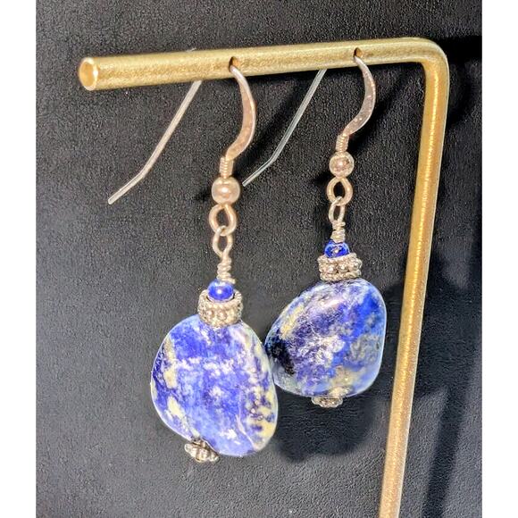 Vintage Denim Lapis Lazuli Stone 925 Sterling Silver Dangle Earrings - Picture 2 of 5